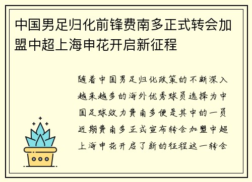 中国男足归化前锋费南多正式转会加盟中超上海申花开启新征程